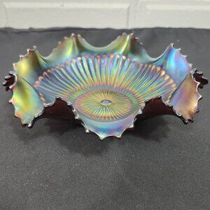 Vintage Northwood Stippled Rays Amethyst Carnival Glass Ruffled Bowl